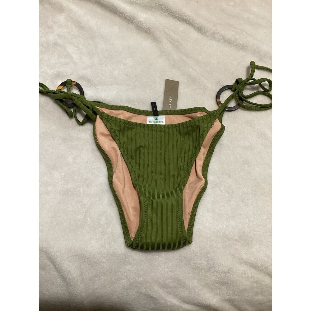 J. Crew Wide Rib Curved Waist Cheeky String Bikini Bottom Rings Olive Green M